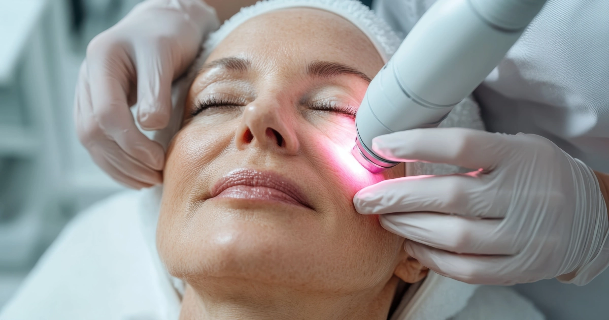 A woman undergoes Laser Hair Removal in Ankeny, IA with a gloved technician using a light-based device.